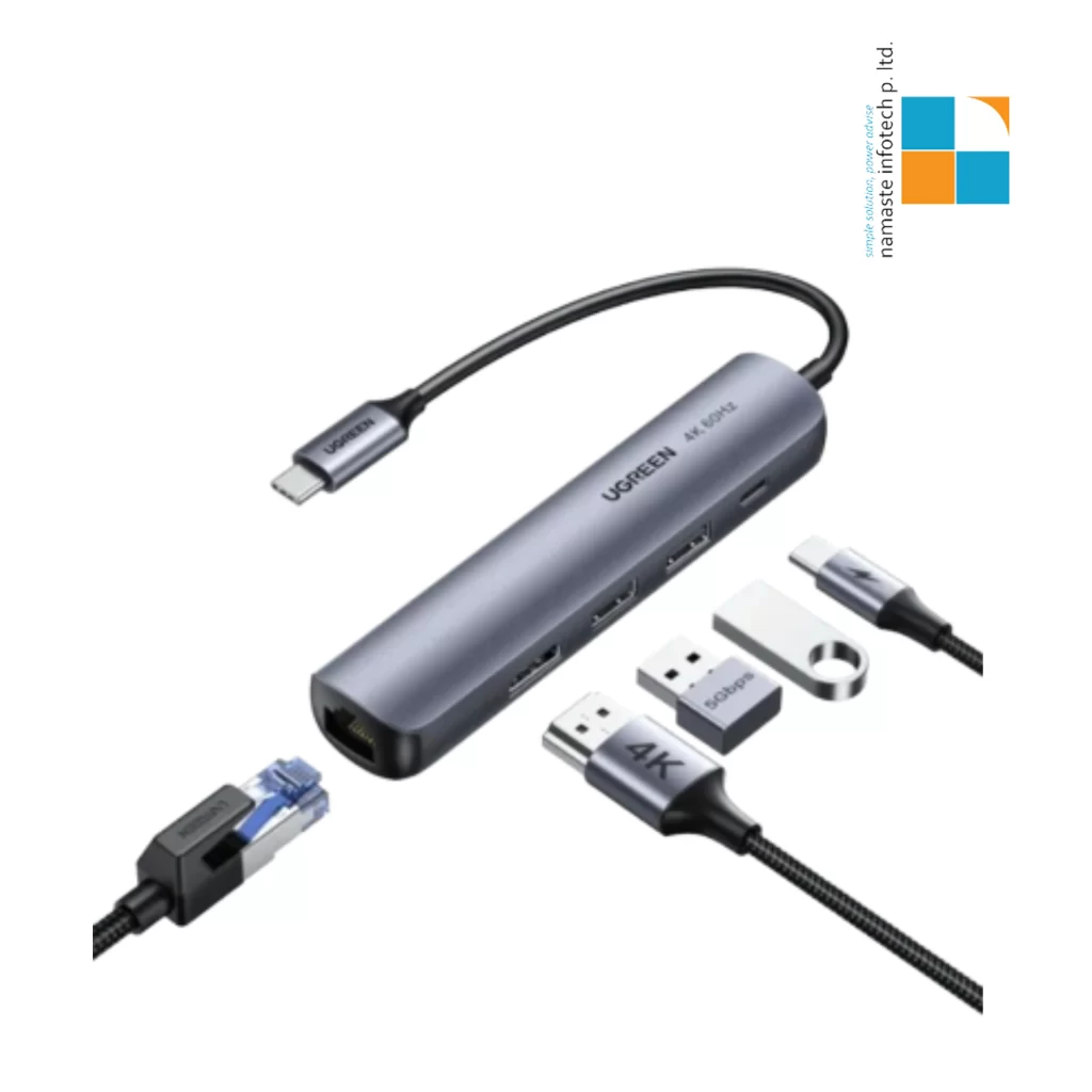 UGREEN 5-in-1 USB-C Multiport Adapter (2×USB 3.0 + HDMI + RJ45 + Power Delivery)